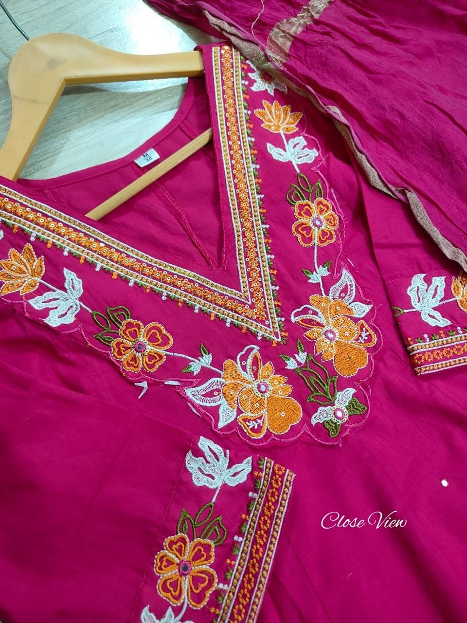 Pink Cotton Anarkali Suit Set with Mirror Work